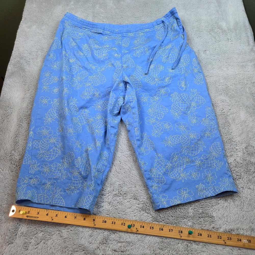 Talbots Crop Pants Woman Petites 18W Pineapple Embroidered Cotton Stretch Blue